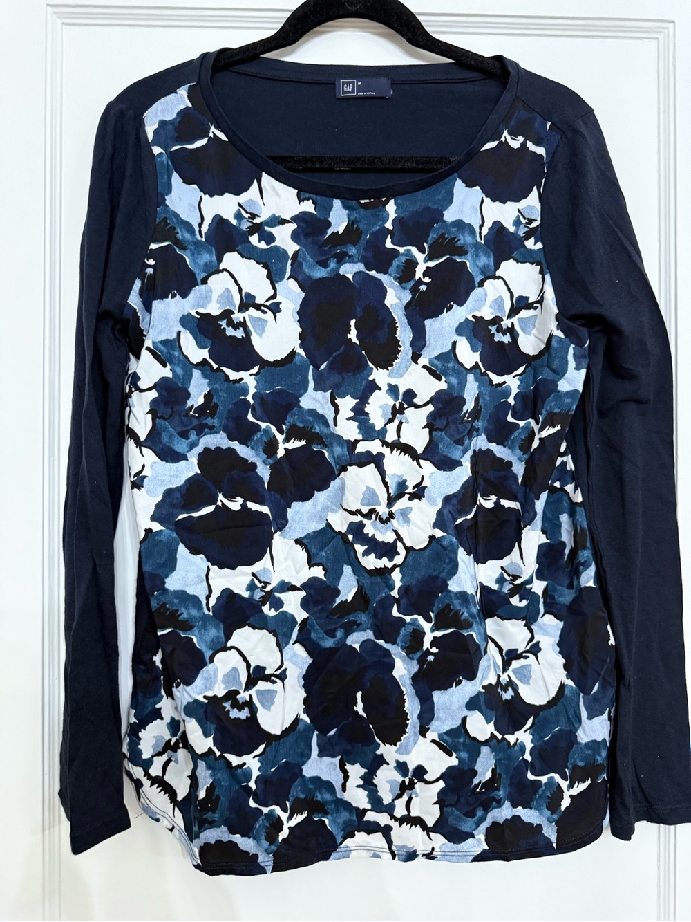 GAP Navy Blue & White Floral Front Contrast Panel Long Sleeve Knit Top Medium